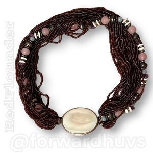 Vintage Choker Length Seed Bead Necklace with Mother Of Pearl Pendant